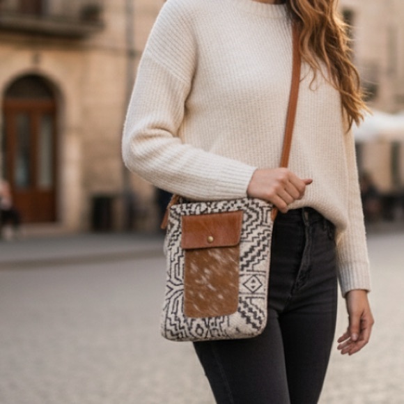 Myra leather & canvas Brown Cellphone Crossbody - Picture 1 of 14